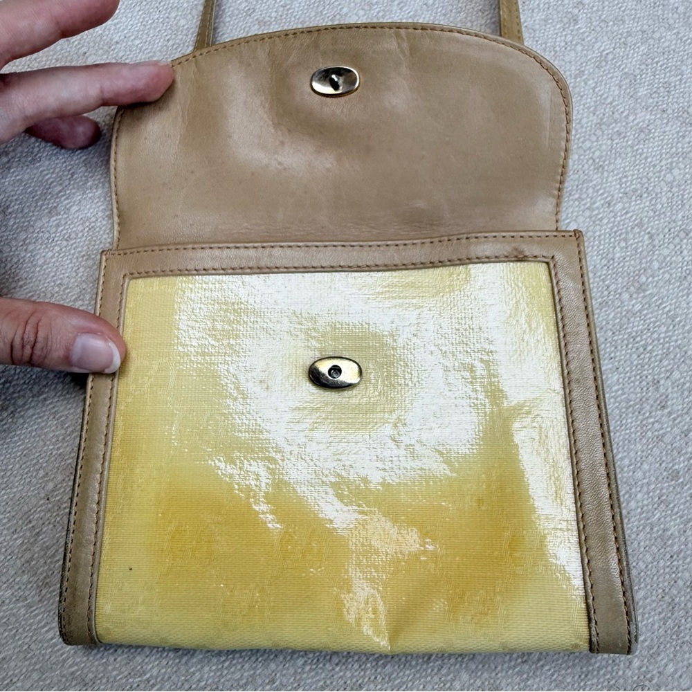 Early Vintage Gucci Shoulder Bag Coated Canvas Monogram Tan Leather Crossbody - Picture 6 of 16